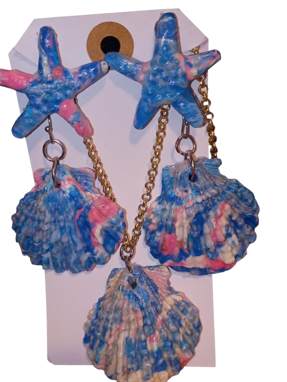 Coastal Vibes  Blue / Pink Shell & Starfish Statement Earrings And Necklace Set - Picture 3 of 14